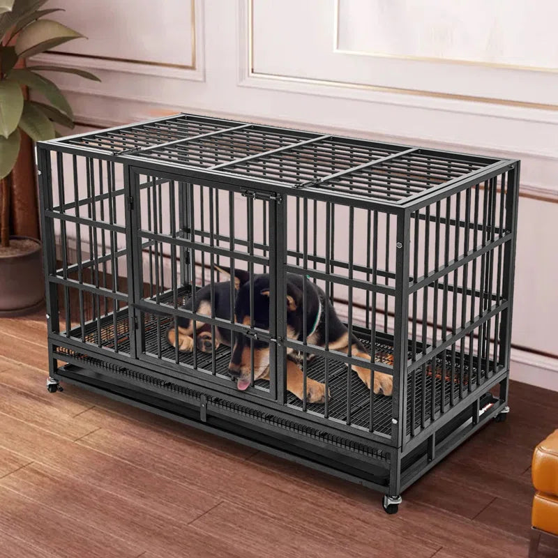 Heavy Duty Indestructible Dog Crate Steel Escape Proof, Indoor Double Door High Anxiety Cage, Kennel with Wheels, Removable Tray