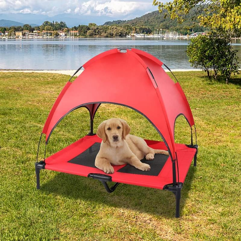 SMONTER Elevated Dog Bed with Canopy - Portable Raised Dog Bed Cooling Dog Place Board Mesh Pet Cot for Large Dogs Oxford Fabric Removable Canopy Shade for Camping Beach Indoor Outdoor