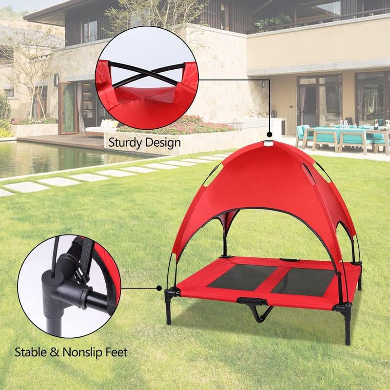 SMONTER Elevated Dog Bed with Canopy - Portable Raised Dog Bed Cooling Dog Place Board Mesh Pet Cot for Large Dogs Oxford Fabric Removable Canopy Shade for Camping Beach Indoor Outdoor