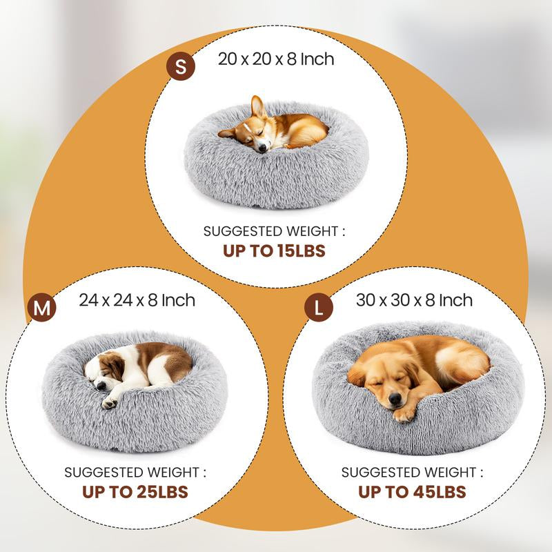 Calming Donut Cat & Dog Bed for Small Dogs, Faux Fur Plush round Dog Bed, Anti-Anxiety Waterproof Anti-Slip, Brown, 20×20×8 Inches