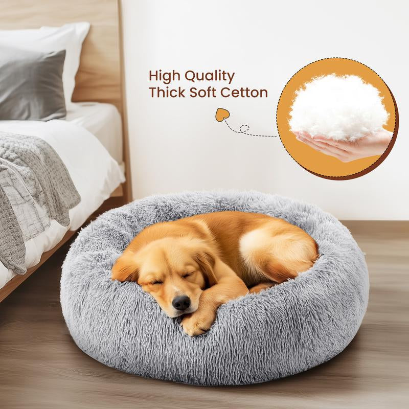 Calming Donut Cat & Dog Bed for Small Dogs, Faux Fur Plush round Dog Bed, Anti-Anxiety Waterproof Anti-Slip, Brown, 20×20×8 Inches