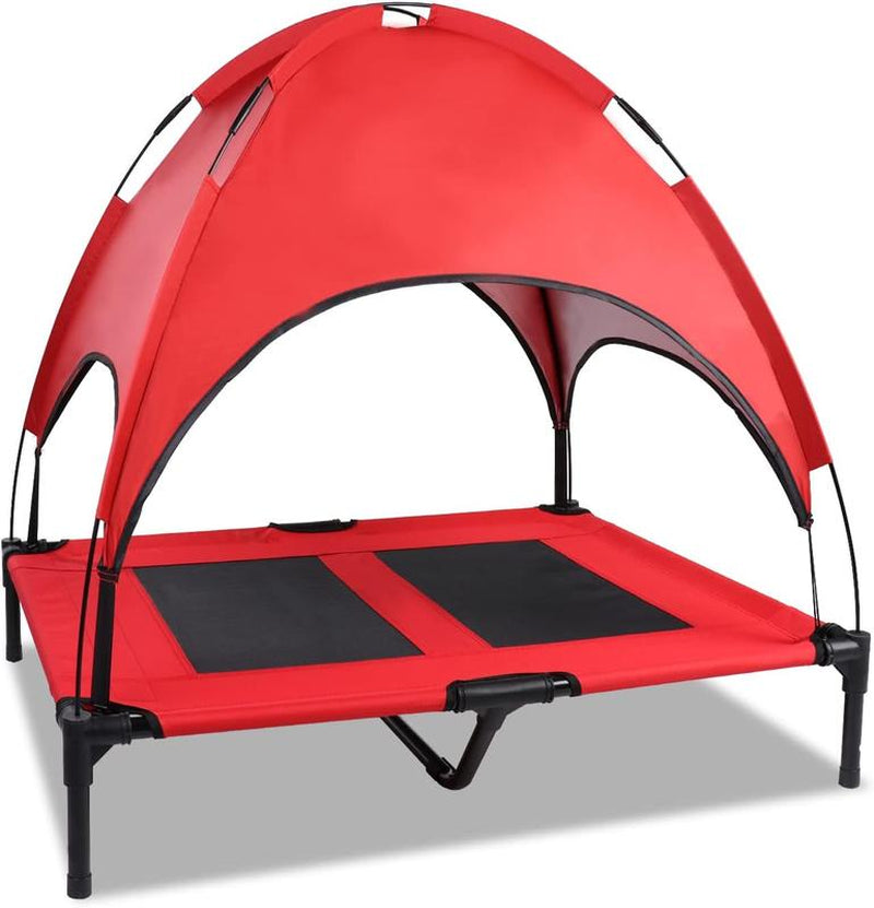 SMONTER Elevated Dog Bed with Canopy - Portable Raised Dog Bed Cooling Dog Place Board Mesh Pet Cot for Large Dogs Oxford Fabric Removable Canopy Shade for Camping Beach Indoor Outdoor
