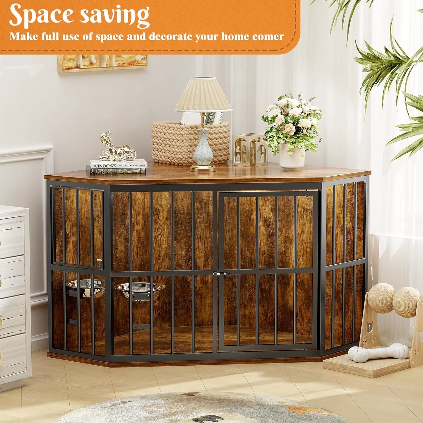 53 Inch, Dog Kennel Corner Wooden End Table with Bowl, Pet Crates Corner Side Table for Dogs, Wide Top Perfect for Limited Room