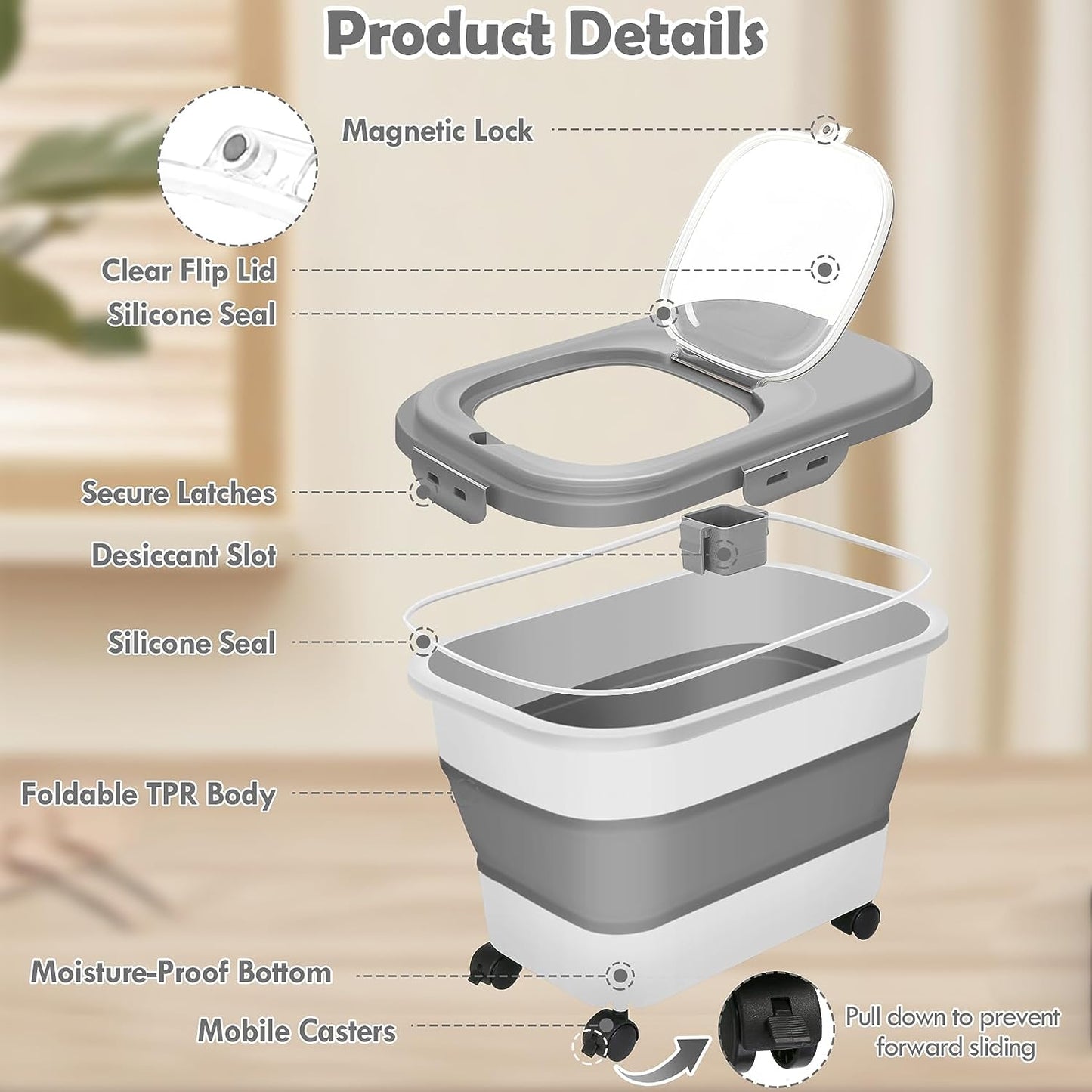 20 Lb Dog Food Storage Containers with Wheels and Lids, Collapsible Pet Cat Food Storage Bin, 30 Lb Airtight Rice Cereal Storage Bucket with Measuring Cup and Scoop (Gray)