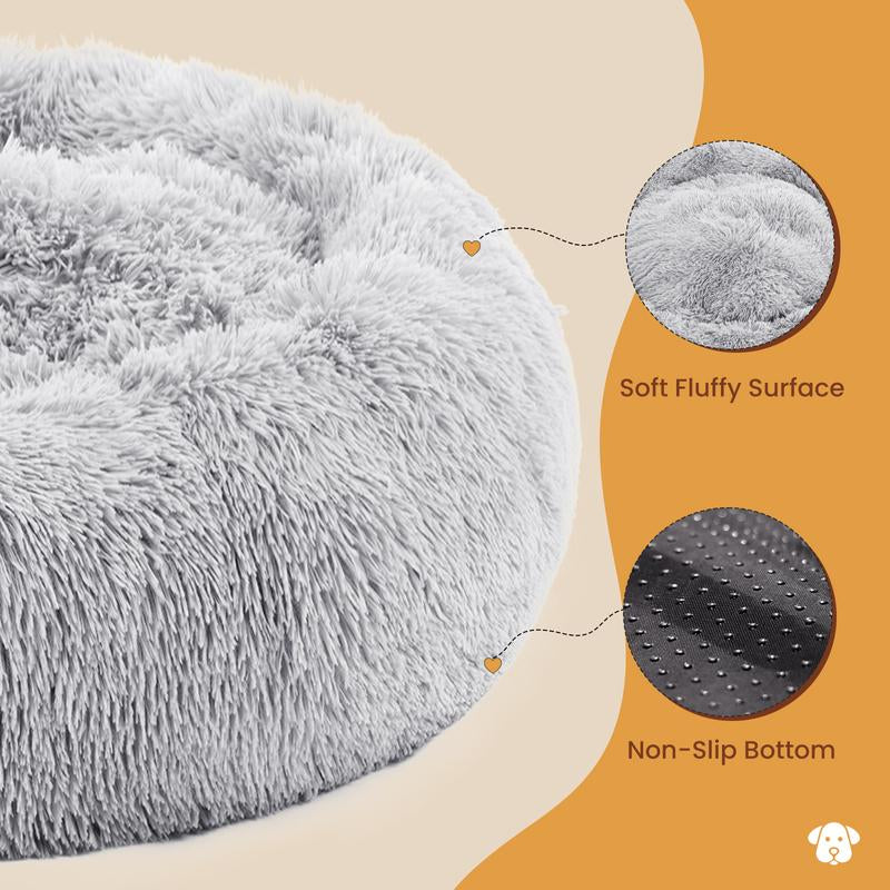 Calming Donut Cat & Dog Bed for Small Dogs, Faux Fur Plush round Dog Bed, Anti-Anxiety Waterproof Anti-Slip, Brown, 20×20×8 Inches