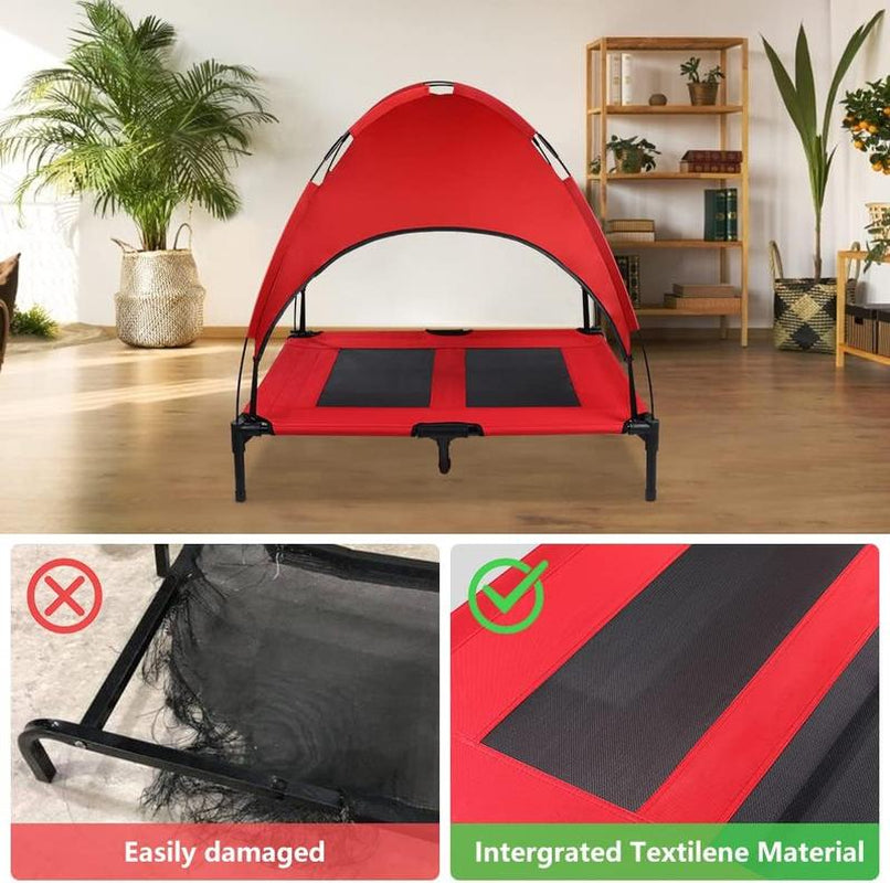 SMONTER Elevated Dog Bed with Canopy - Portable Raised Dog Bed Cooling Dog Place Board Mesh Pet Cot for Large Dogs Oxford Fabric Removable Canopy Shade for Camping Beach Indoor Outdoor