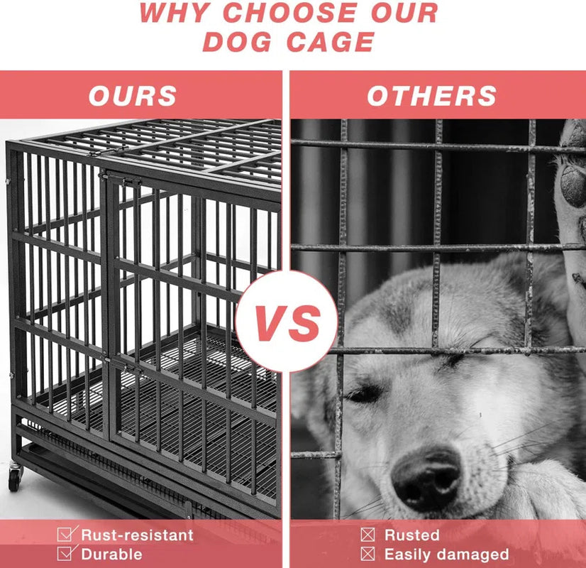 Heavy Duty Indestructible Dog Crate Steel Escape Proof, Indoor Double Door High Anxiety Cage, Kennel with Wheels, Removable Tray