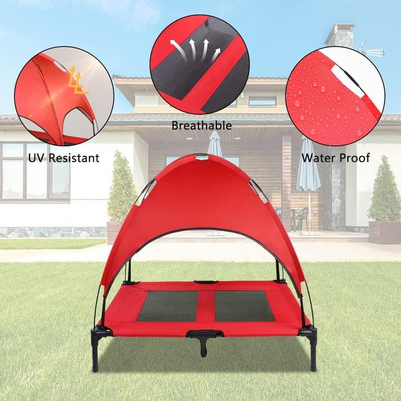 SMONTER Elevated Dog Bed with Canopy - Portable Raised Dog Bed Cooling Dog Place Board Mesh Pet Cot for Large Dogs Oxford Fabric Removable Canopy Shade for Camping Beach Indoor Outdoor
