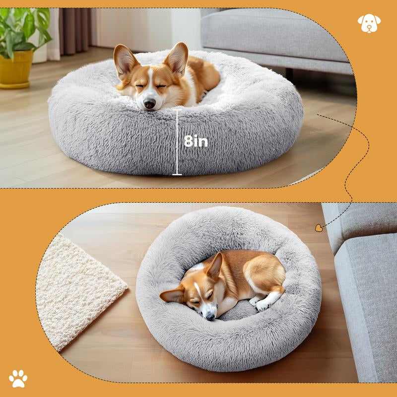 Calming Donut Cat & Dog Bed for Small Dogs, Faux Fur Plush round Dog Bed, Anti-Anxiety Waterproof Anti-Slip, Brown, 20×20×8 Inches