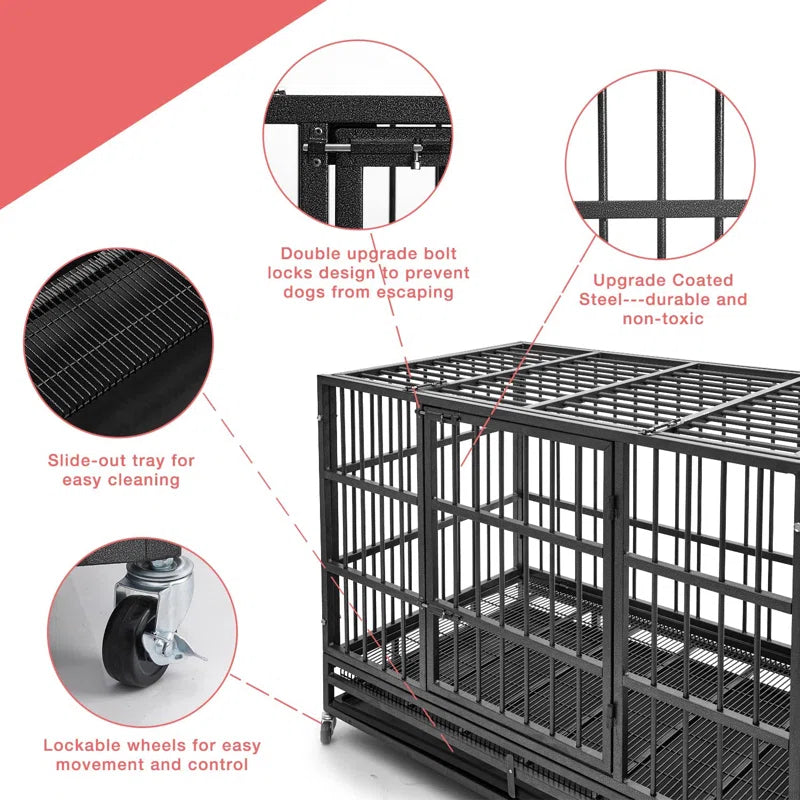 Heavy Duty Indestructible Dog Crate Steel Escape Proof, Indoor Double Door High Anxiety Cage, Kennel with Wheels, Removable Tray