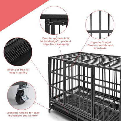 Heavy Duty Indestructible Dog Crate Steel Escape Proof, Indoor Double Door High Anxiety Cage, Kennel with Wheels, Removable Tray