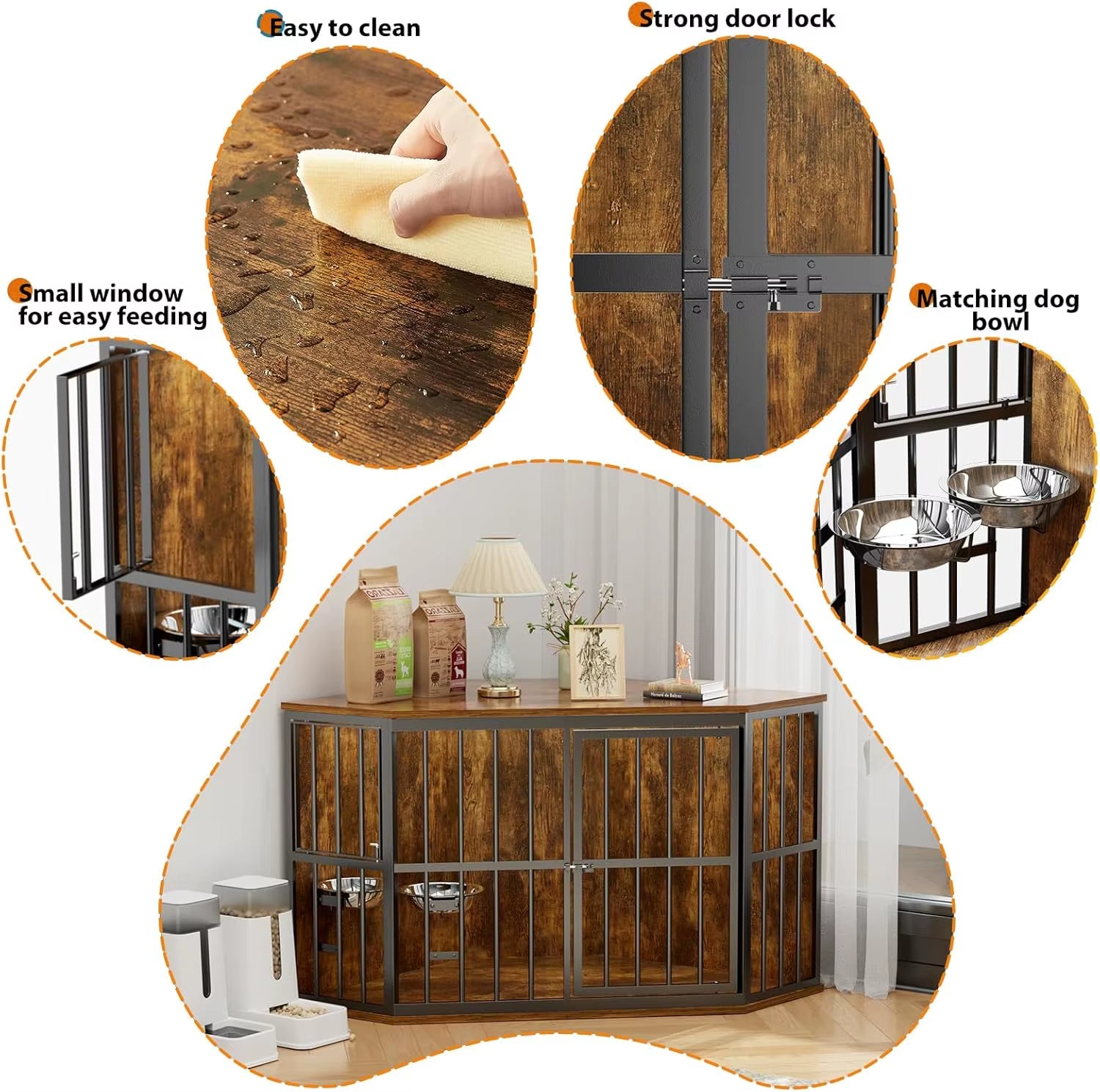 53 Inch, Dog Kennel Corner Wooden End Table with Bowl, Pet Crates Corner Side Table for Dogs, Wide Top Perfect for Limited Room