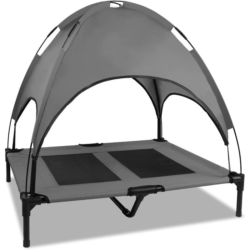 SMONTER Elevated Dog Bed with Canopy - Portable Raised Dog Bed Cooling Dog Place Board Mesh Pet Cot for Large Dogs Oxford Fabric Removable Canopy Shade for Camping Beach Indoor Outdoor