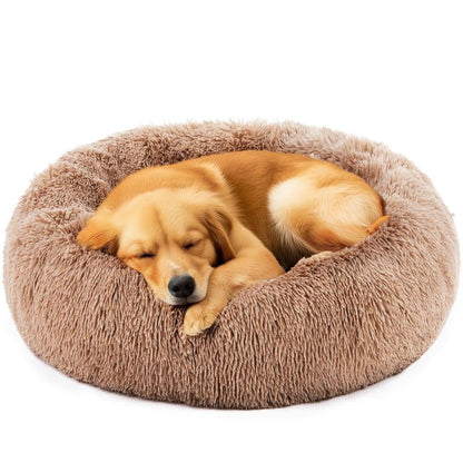 Calming Donut Cat & Dog Bed for Small Dogs, Faux Fur Plush round Dog Bed, Anti-Anxiety Waterproof Anti-Slip, Brown, 20×20×8 Inches