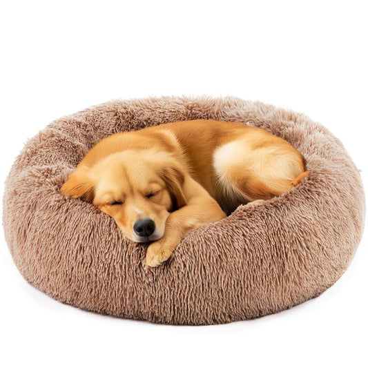 Calming Donut Cat & Dog Bed for Small Dogs, Faux Fur Plush round Dog Bed, Anti-Anxiety Waterproof Anti-Slip, Brown, 20×20×8 Inches