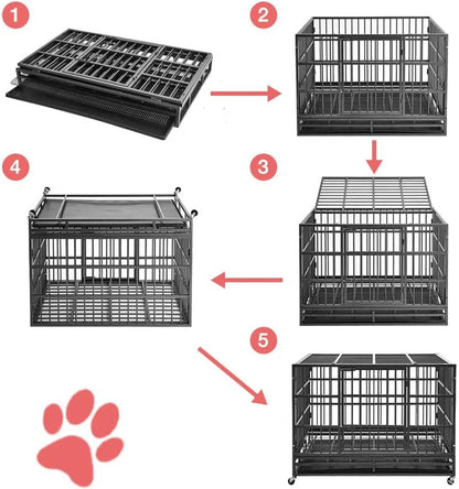 Heavy Duty Indestructible Dog Crate Steel Escape Proof, Indoor Double Door High Anxiety Cage, Kennel with Wheels, Removable Tray