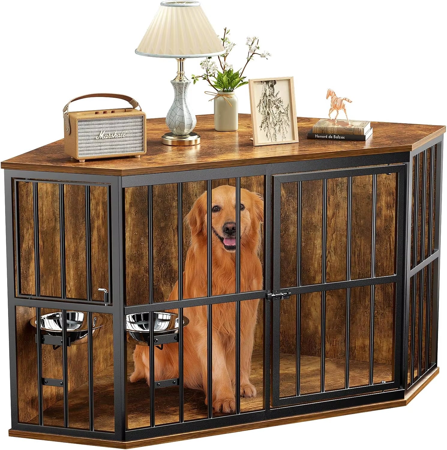 53 Inch, Dog Kennel Corner Wooden End Table with Bowl, Pet Crates Corner Side Table for Dogs, Wide Top Perfect for Limited Room