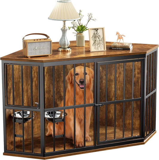 53 Inch, Dog Kennel Corner Wooden End Table with Bowl, Pet Crates Corner Side Table for Dogs, Wide Top Perfect for Limited Room