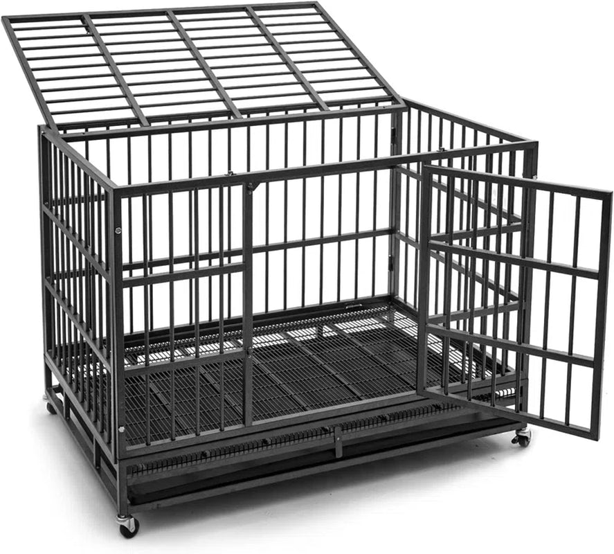 Heavy Duty Indestructible Dog Crate Steel Escape Proof, Indoor Double Door High Anxiety Cage, Kennel with Wheels, Removable Tray