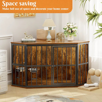 53 Inch, Dog Kennel Corner Wooden End Table with Bowl, Pet Crates Corner Side Table for Dogs, Wide Top Perfect for Limited Room