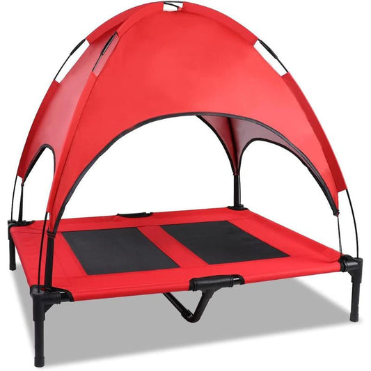 SMONTER Elevated Dog Bed with Canopy - Portable Raised Dog Bed Cooling Dog Place Board Mesh Pet Cot for Large Dogs Oxford Fabric Removable Canopy Shade for Camping Beach Indoor Outdoor
