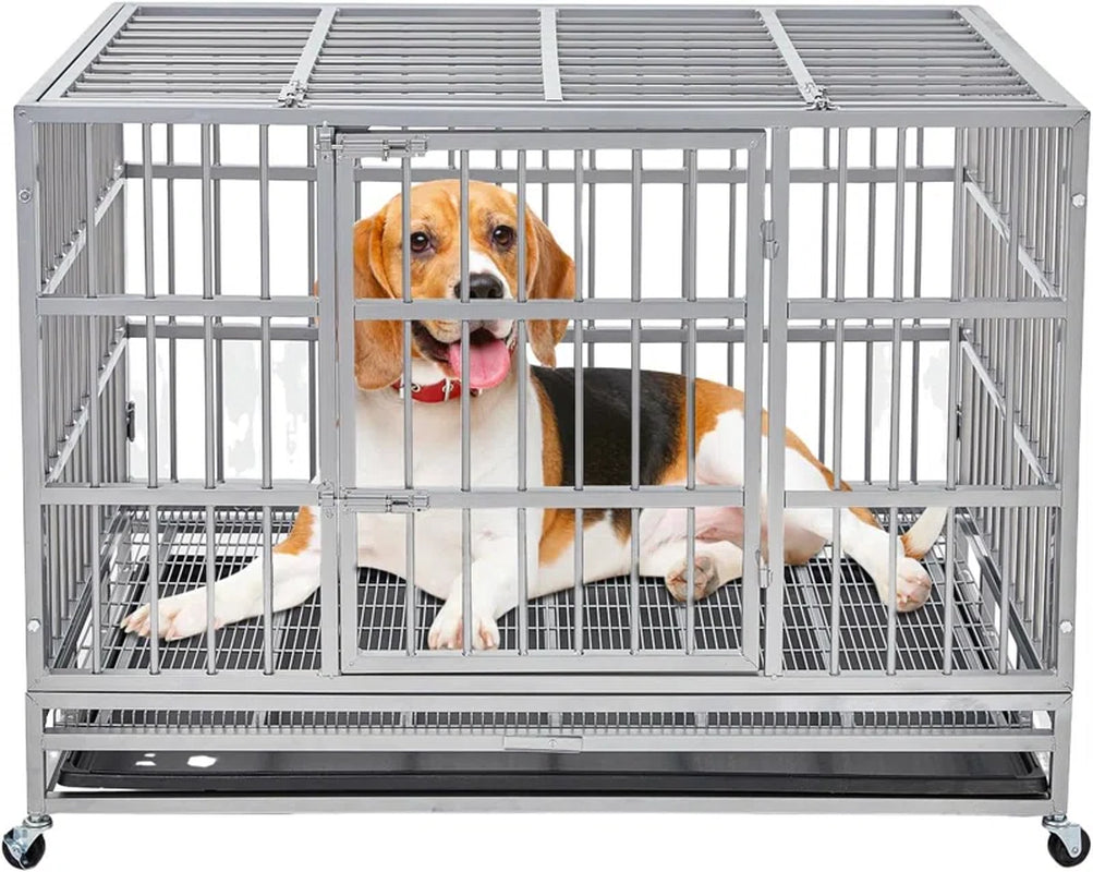 Heavy Duty Indestructible Dog Crate Steel Escape Proof, Indoor Double Door High Anxiety Cage, Kennel with Wheels, Removable Tray