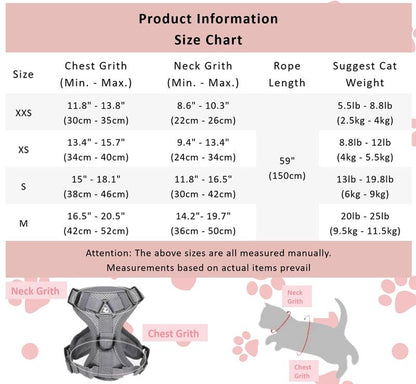 Cat Harness and Leash Set, Escape Proof Safe Adjustable Kitten Vest Harnesses for Walking, Easy Control Soft Breathable Mesh Jacket with Reflective Strips for Cats