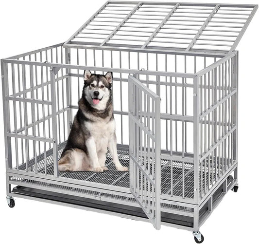 Heavy Duty Indestructible Dog Crate Steel Escape Proof, Indoor Double Door High Anxiety Cage, Kennel with Wheels, Removable Tray