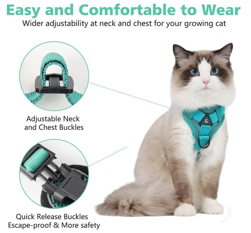 Cat Harness and Leash Set, Escape Proof Safe Adjustable Kitten Vest Harnesses for Walking, Easy Control Soft Breathable Mesh Jacket with Reflective Strips for Cats