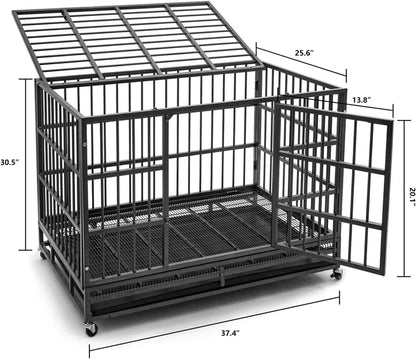 Heavy Duty Indestructible Dog Crate Steel Escape Proof, Indoor Double Door High Anxiety Cage, Kennel with Wheels, Removable Tray