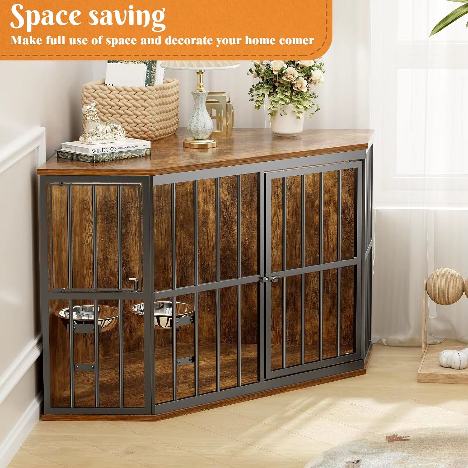53 Inch, Dog Kennel Corner Wooden End Table with Bowl, Pet Crates Corner Side Table for Dogs, Wide Top Perfect for Limited Room