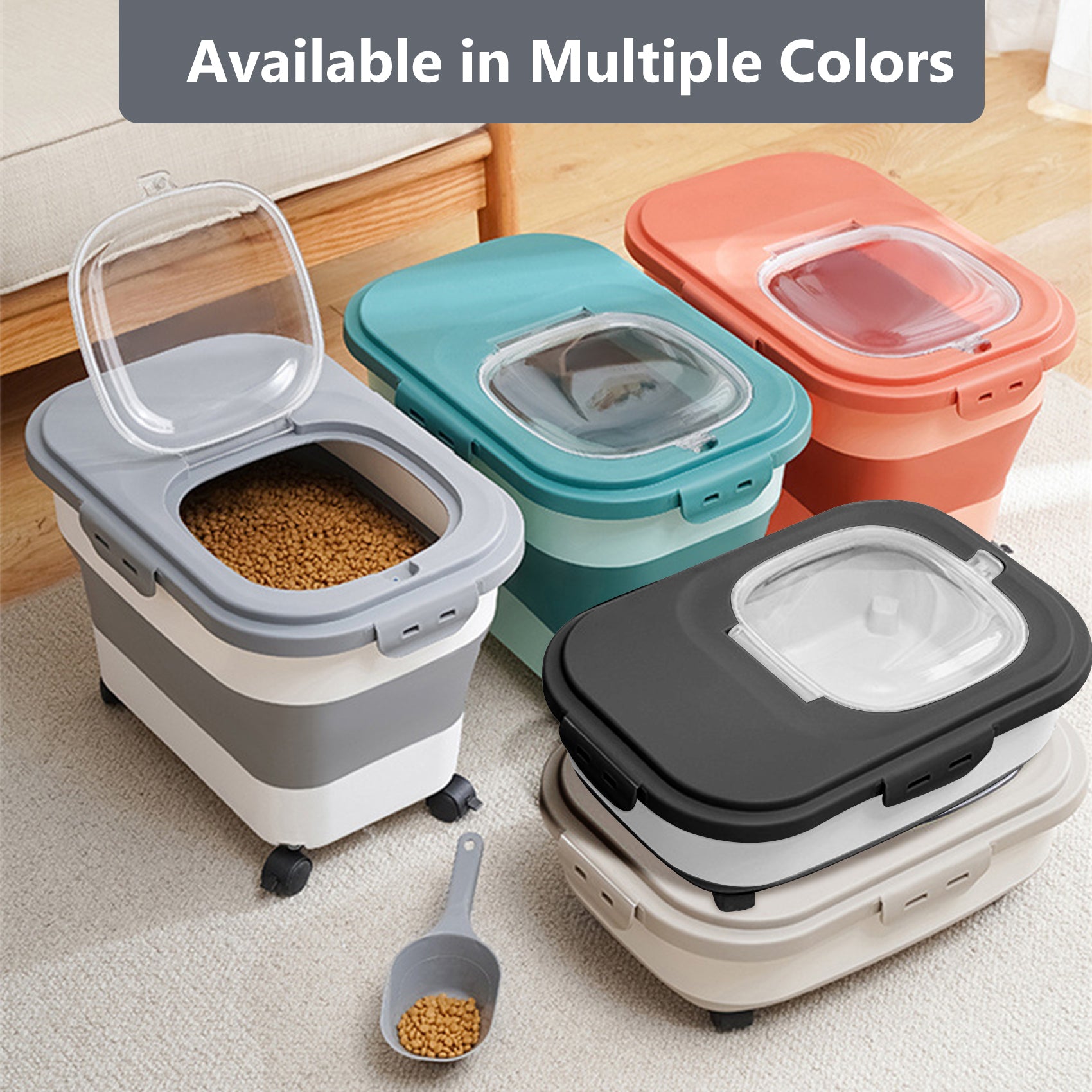 20 Lb Dog Food Storage Containers with Wheels and Lids, Collapsible Pet Cat Food Storage Bin, 30 Lb Airtight Rice Cereal Storage Bucket with Measuring Cup and Scoop (Gray)