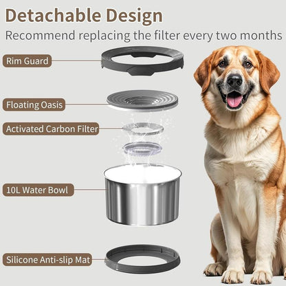 10L Rounded Dog Water Bowl 270Oz Super Large Capacity No Spill Water Bowl for Dogs Stainless Steel Dog Bowls for Large Dogs No Splash Dog Water Bowl with Anti-Slip Mat for Messy Drinkers
